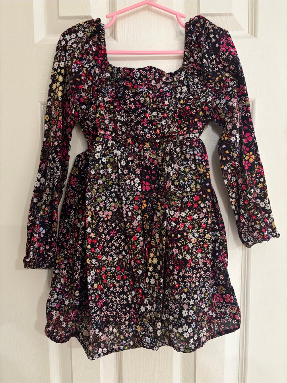 Girls' Black Floral Long-Sleeve Dress